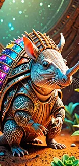 Futuristic armadillo with colorful, cosmic armor mingled with nature.