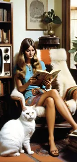 Vintage room with woman reading and a white cat.