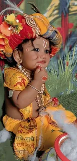 Vibrant Baby Krishna adorned in colorful traditional attire.