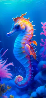 Colorful seahorse with corals in ocean backdrop.