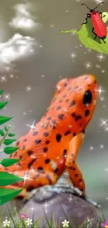 Colorful frog sits in natural forest setting.