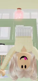 3D character hanging upside down in a pastel-themed room.