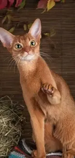 A playful Abyssinian cat with a raised paw against a brown backdrop.