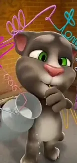 Animated cat with colorful straws and a bucket, against a brown backdrop.