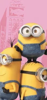 Animated yellow Minions stacked on a pink city background.