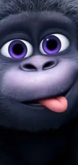 Cartoon gorilla with purple eyes and tongue sticking out.