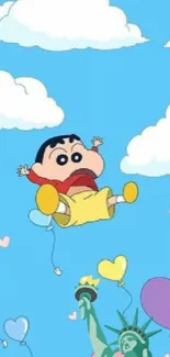 Anime character leaps with balloons in a bright blue sky.