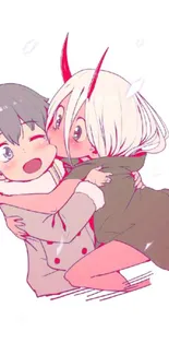 Playful anime duo hugging with cute expressions and colorful design.