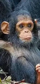 Cute baby chimpanzee sitting in a jungle setting.