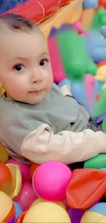 Adorable baby playing in a vibrant ball pit full of colorful balls.