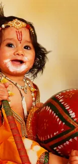 Joyful baby in traditional Indian attire with ornate accessories, smiling brightly.