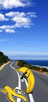 Cartoon banana peel on a scenic coastal road under a blue sky.
