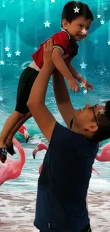 Father lifting child on beach with pink flamingos.