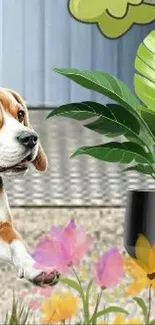 Playful puppy in a vibrant garden with flowers and green plants.