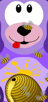 Playful cartoon bear with honey and bees on a purple background.