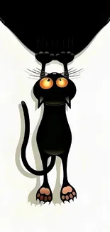 A playful black cat with bright orange eyes hanging in an artistic design.