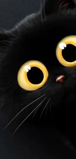Cute black cat with large yellow eyes on dark background.