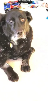 Playful black dog with colorful toys as mobile wallpaper.