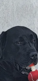 Black Labrador holding a red ball with a textured gray background.