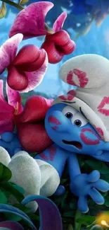 Playful blue character in a colorful flower-filled scene.