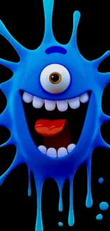 Playful blue monster with a single eye on a dark background.