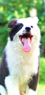 Joyful black and white dog enjoying green park scenery.