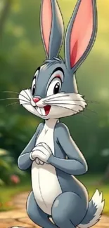 Cartoon bunny standing in a vibrant forest.