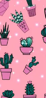 Pink wallpaper with playful cactus illustrations.