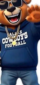 Cartoon bear in sunglasses and hoodie waving.