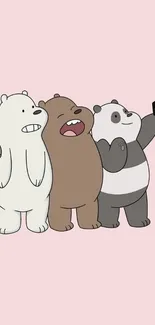 Three cartoon bears taking a selfie on a light pink background.