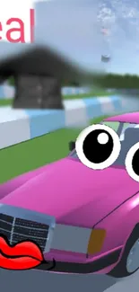 Cartoon pink car with eyes and lips on a racetrack