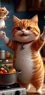 Cartoon cat with scissors and mouse in a kitchen.