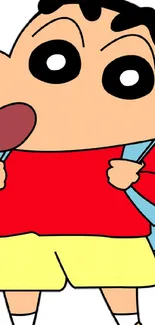 Playful cartoon character with red shirt and blue backpack.