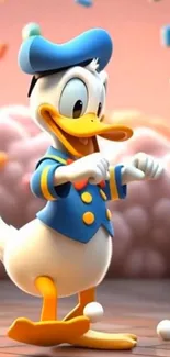 Cartoon duck character on a colorful background.