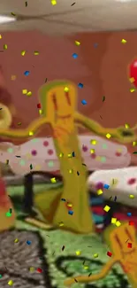 Cartoon figures with confetti and balloons in a playful scene.