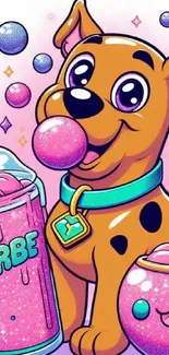 Vibrant cartoon dog with pink bubbles and colorful background.