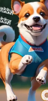 Cartoon dog in blue vest running happily in a vibrant background.