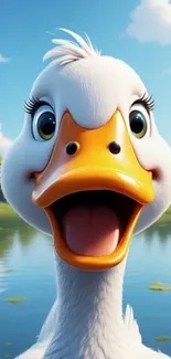 A cheerful cartoon duck by a peaceful lake.