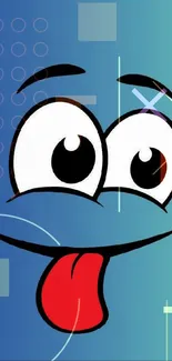 Blue cartoon face with tongue out on a vibrant background.