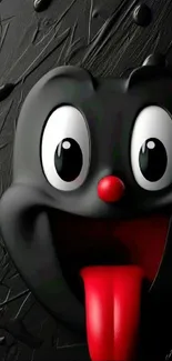 Cartoon face with black background and red tongue sticking out.