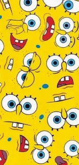 Colorful cartoon faces on a bright yellow background.