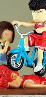 Cartoon figurines in playful scene with colorful outfits.