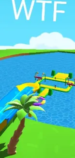 Cartoon game scene with colorful sky and obstacle course.