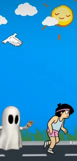 Cartoon ghost chases runner under bright blue sky.