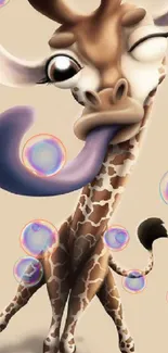 Playful cartoon giraffe with long tongue and winking eye on a beige background.