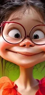 Cheerful cartoon girl with bright glasses and a big smile.