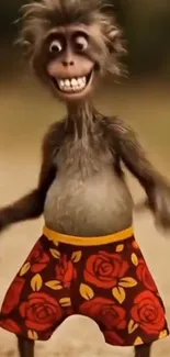 Cartoon monkey wearing colorful shorts.