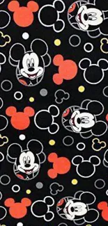 Playful cartoon pattern in black, red, and white.