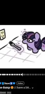 Whimsical purple cartoon pony with glasses, playfully reaching for an outlet.