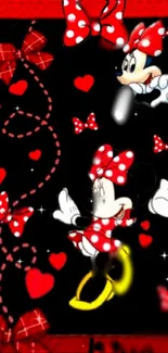 Cartoon characters with red bows and hearts on a vibrant background.